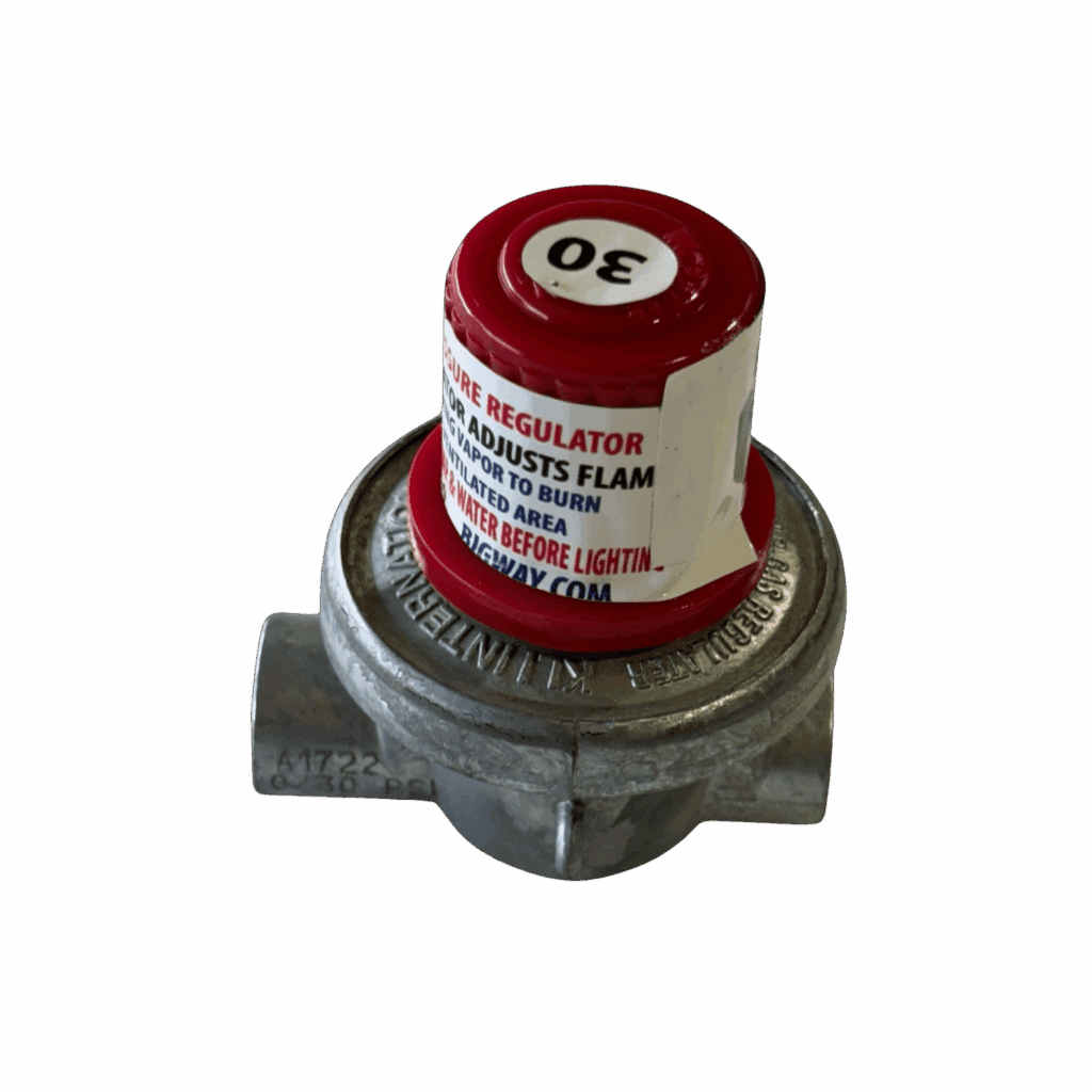 A metal gas regulator with a red and white label.