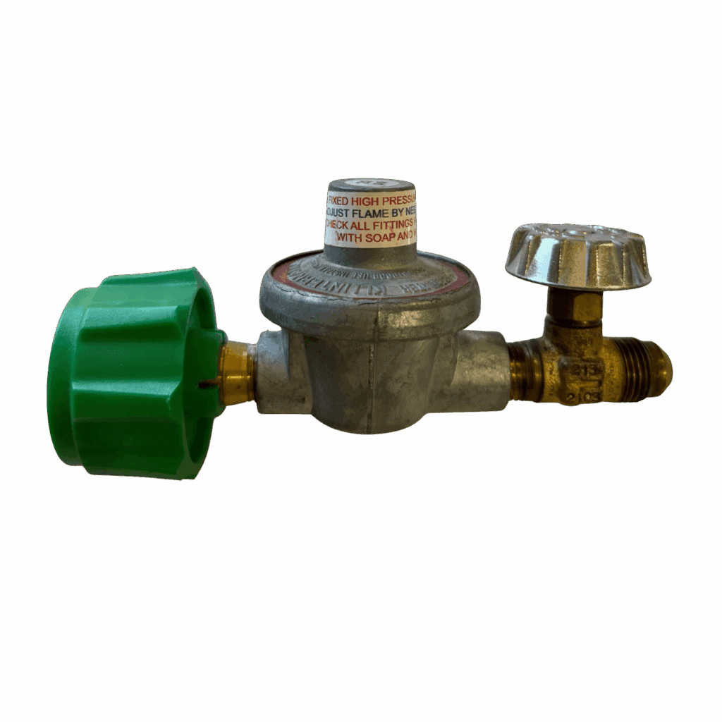 A metal valve with green and brass components.