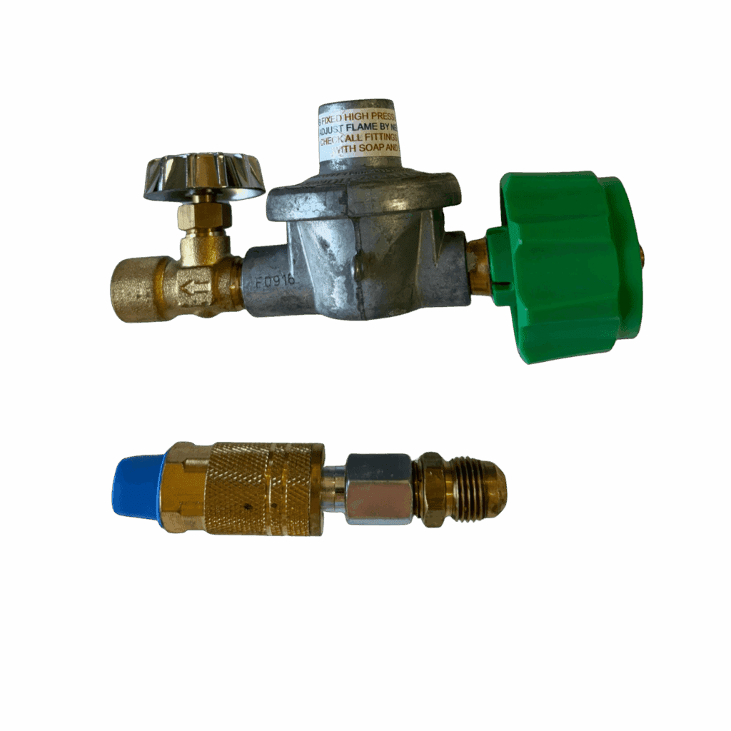 Two metal gas valve components with different sizes and fittings.