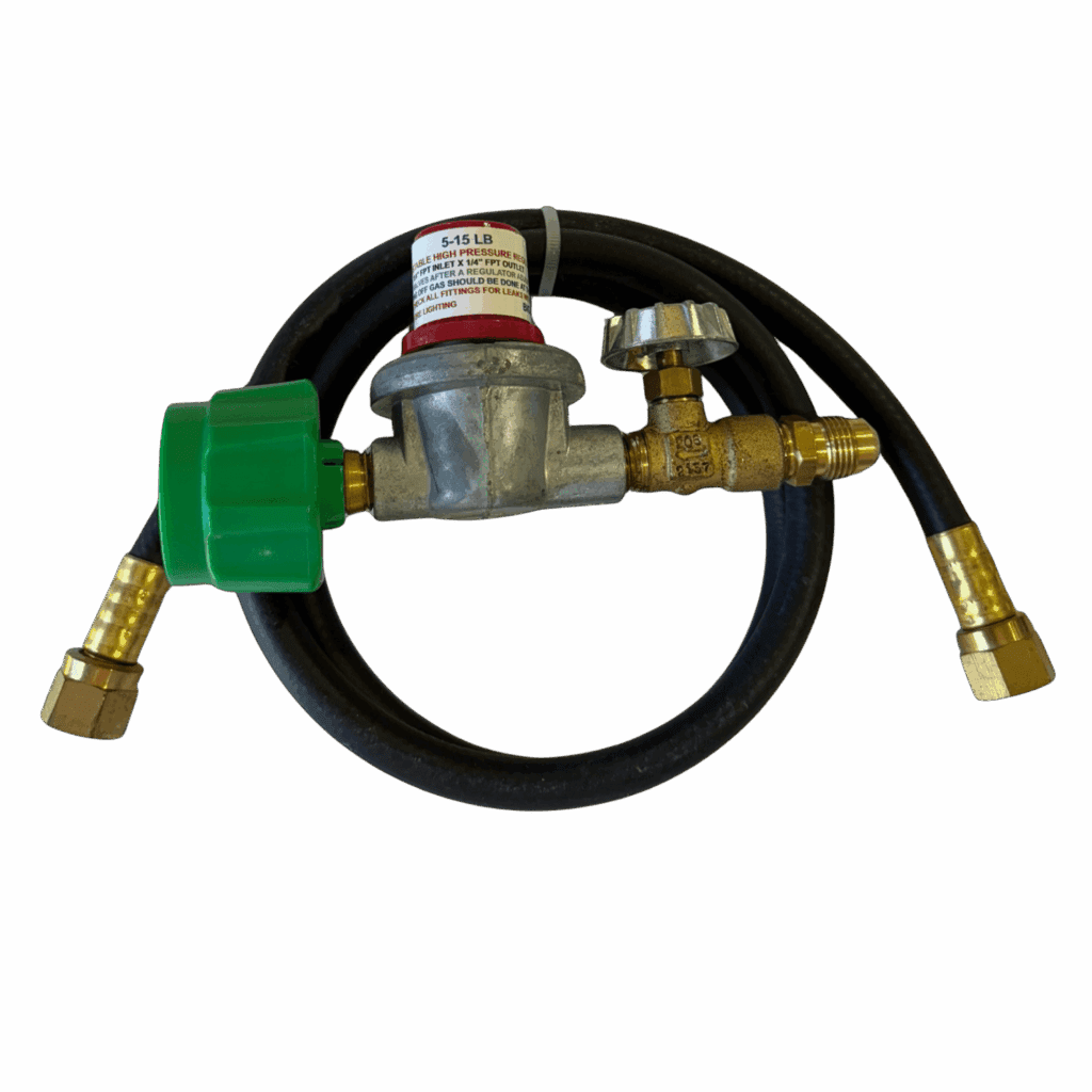 Propane gas regulator with hose and brass fittings.