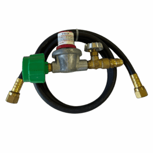 Propane gas regulator with hose and brass fittings.