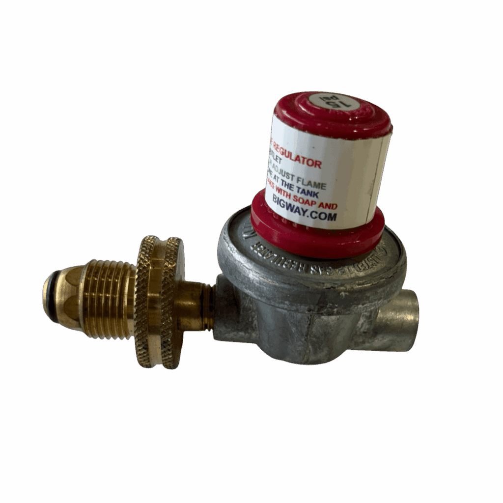 A small gas regulator with a red and white label.