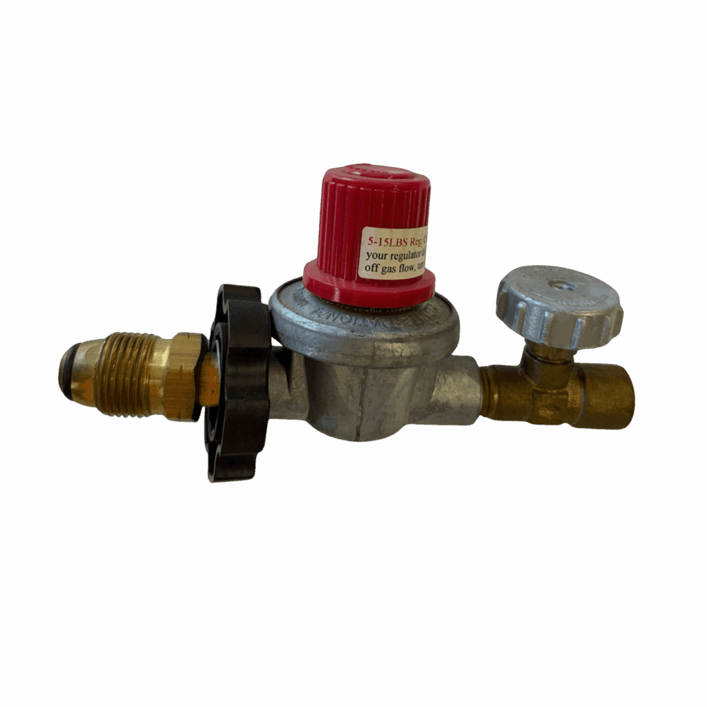 A metal gas regulator with a red cap and pressure gauge.