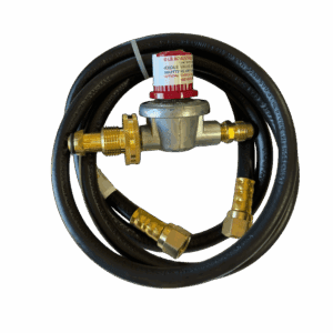 Gas regulator with attached hose and brass fittings.