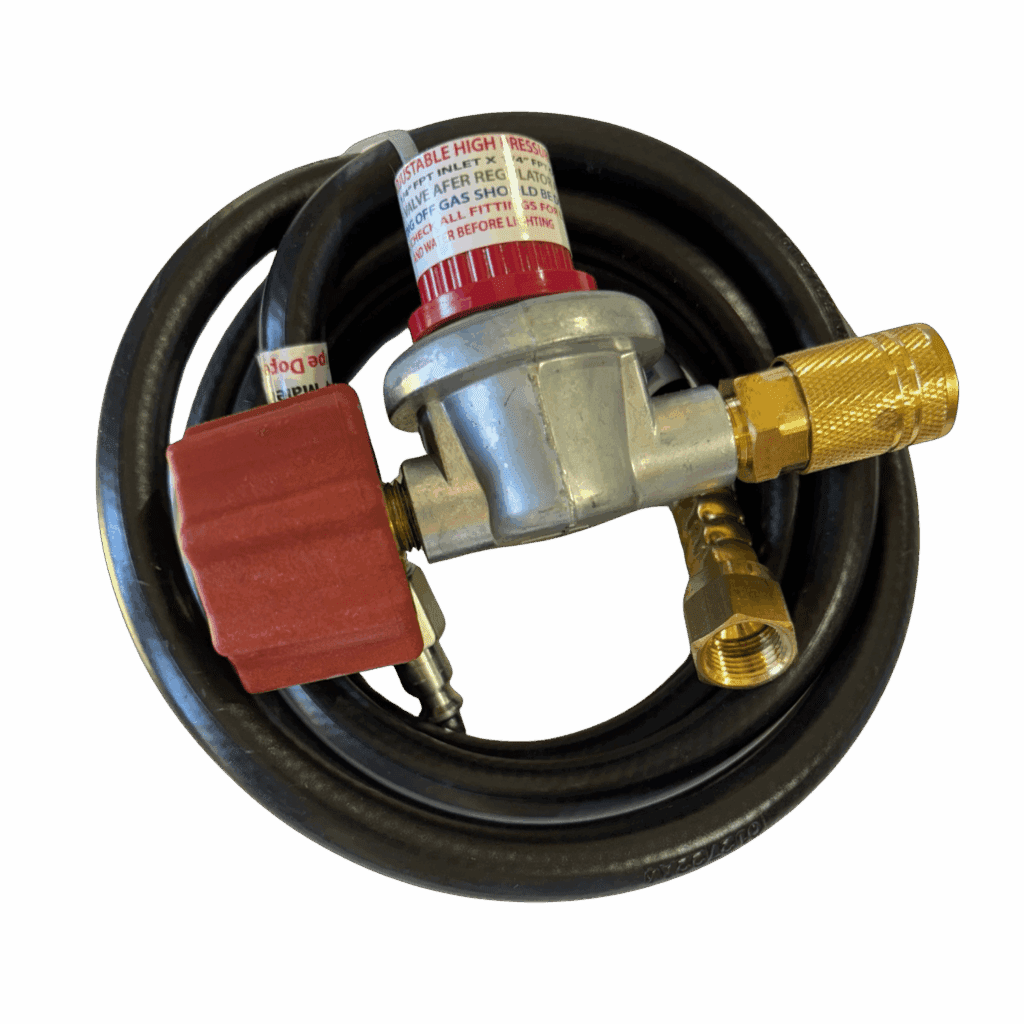 A coiled black hose with a brass and red valve attachment.