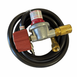 A coiled black hose with a brass and red valve attachment.