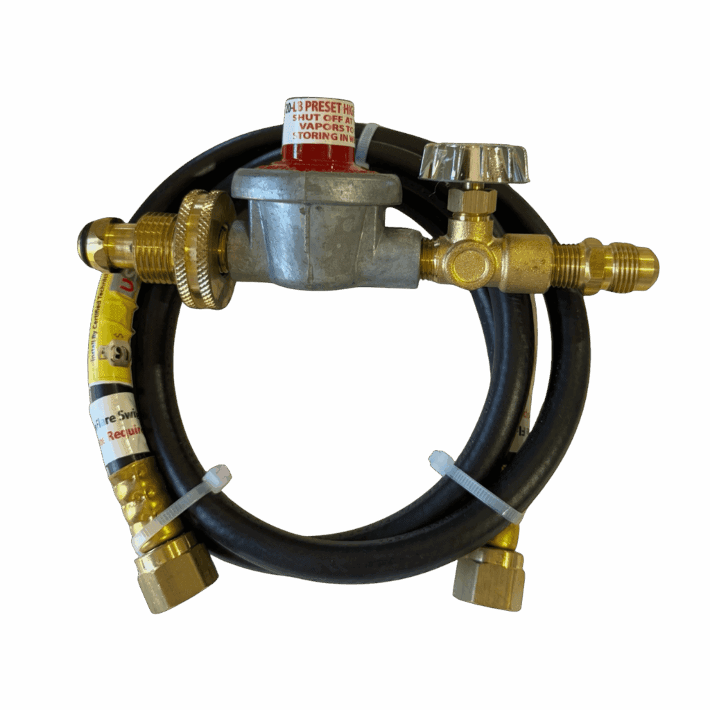 A gas regulator with attached hose and connectors.