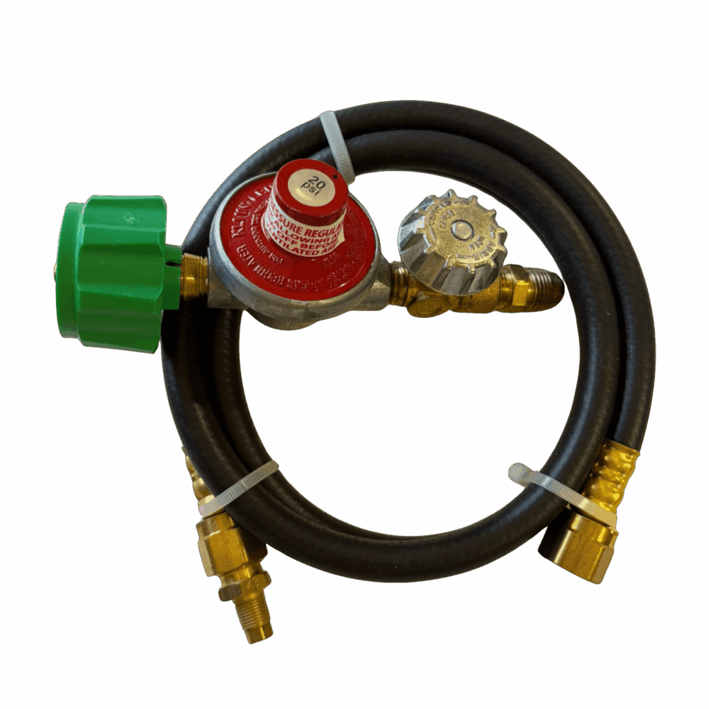 A gas regulator with attached hose and valves.