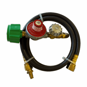 A gas regulator with attached hose and valves.