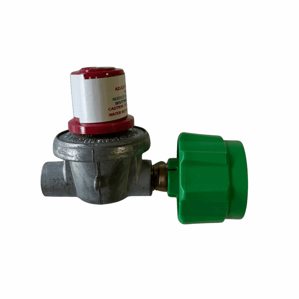 A metal valve with a green plastic handle and a red and white label.