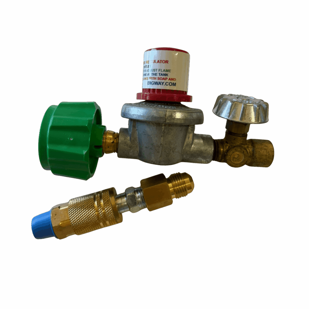 Metal valve assembly with green and silver knobs and brass fittings.