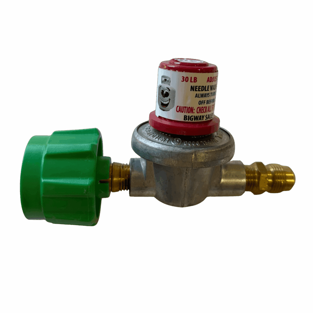 A gas regulator with a green adjustment knob and brass connector.