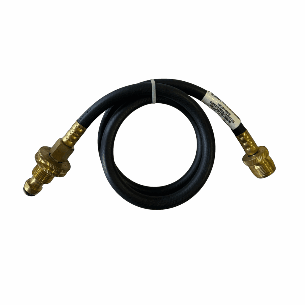 A coiled black hose with brass connectors on both ends.