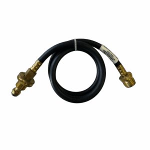 A coiled black hose with brass connectors on both ends.