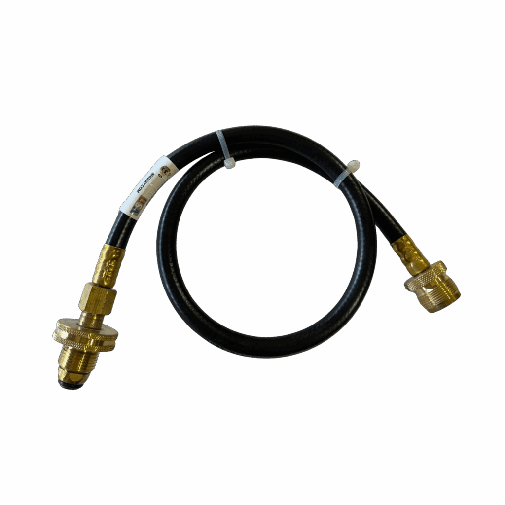 Flexible black hose with brass fittings on both ends.
