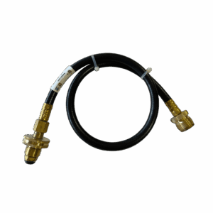 Black hydraulic hose with brass fittings at both ends.