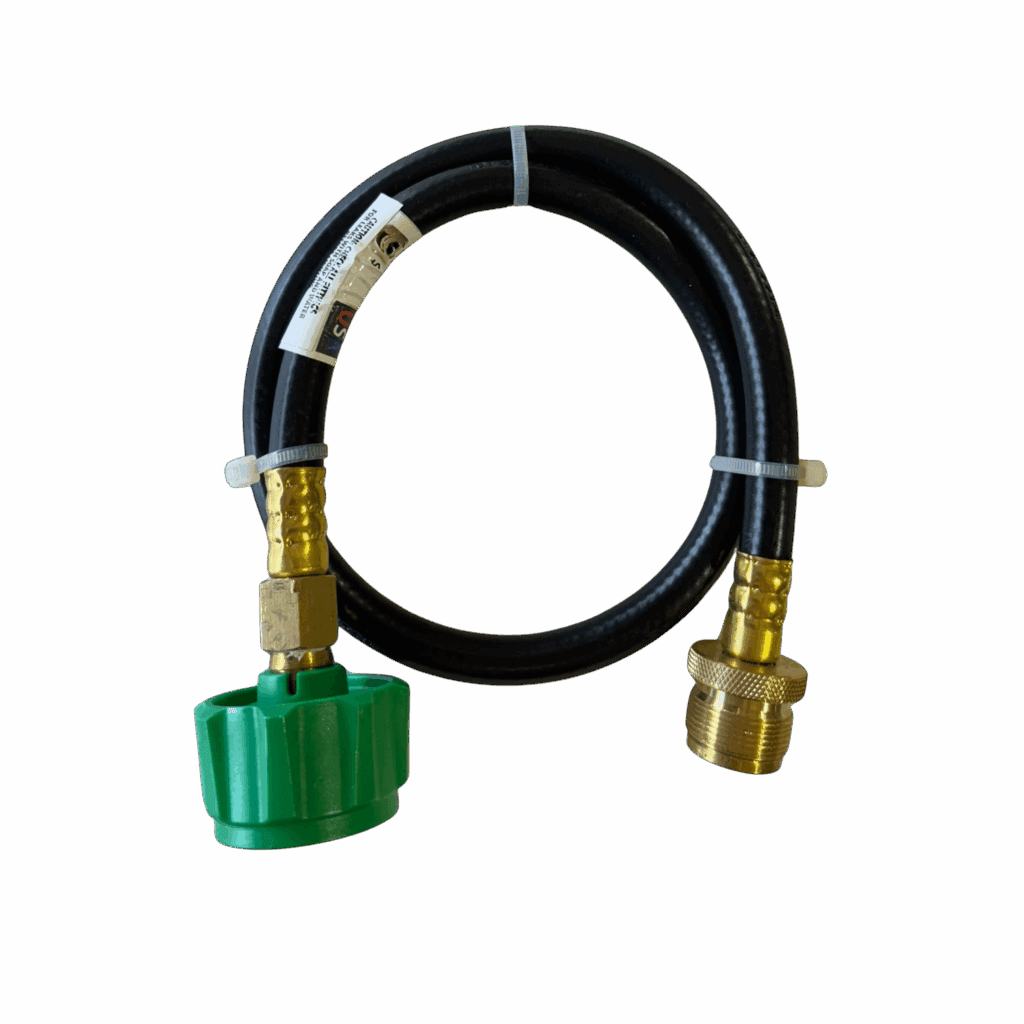 A flexible gas hose with brass fittings and a green connector.