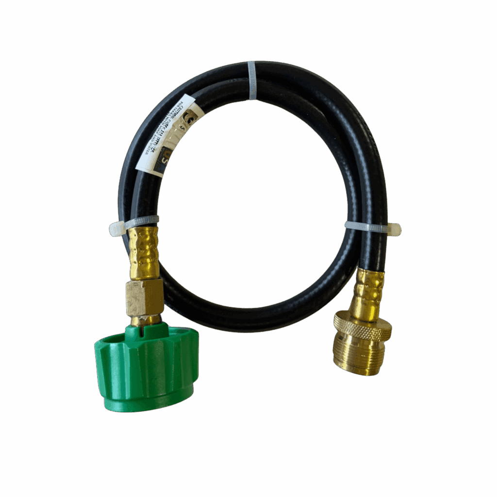 A black hose with brass fittings and a green connector against a white background.