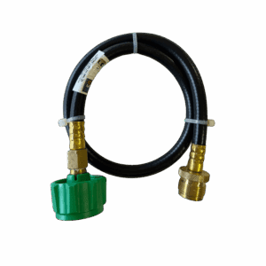A black hose with brass fittings and a green connector against a white background.