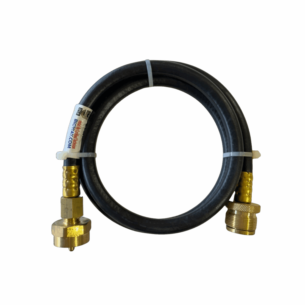 Coiled black hose with brass fittings on both ends.