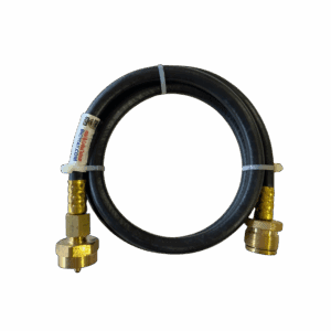 Coiled black hose with brass fittings on both ends.