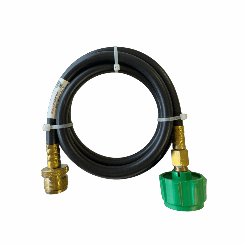 A black hose with brass fittings and a green connector on one end.