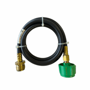 A black hose with brass fittings and a green connector on one end.
