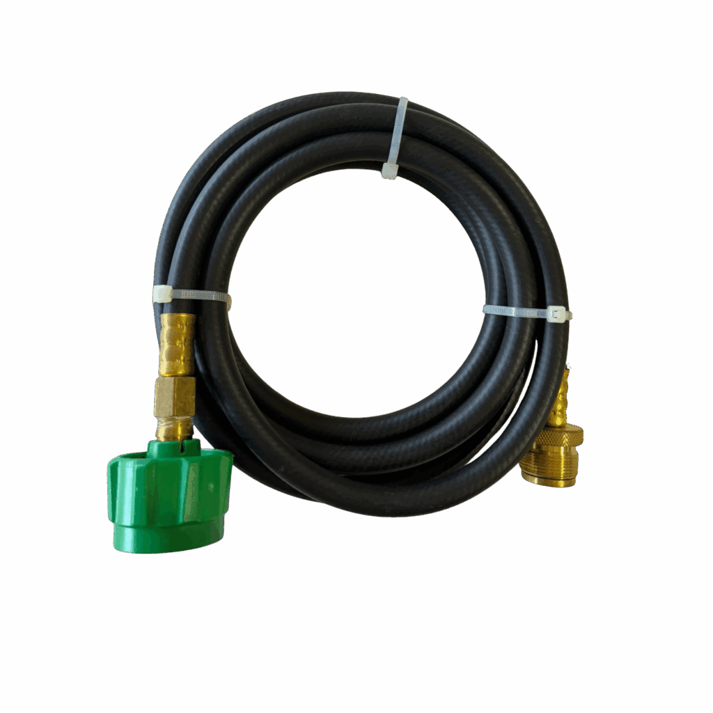 Coiled black hose with green and brass fittings.