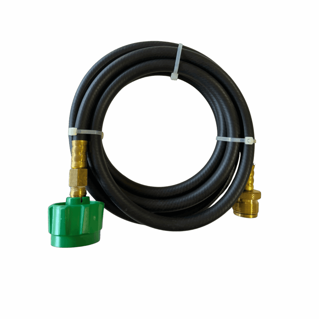 Coiled black hose with green and brass connectors.