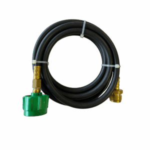 Coiled black hose with green and brass connectors.