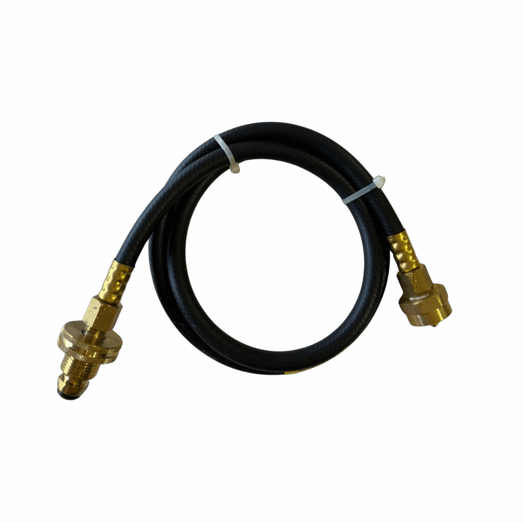Black hose with brass fittings on both ends.