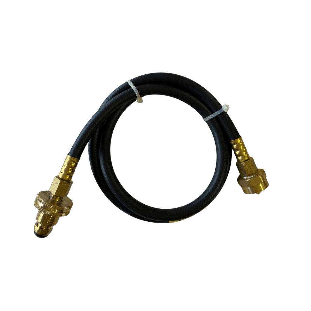 A black hose with brass fittings at both ends coiled in a loop.