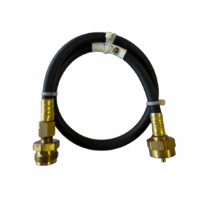 A black flexible hose with brass connectors on both ends.