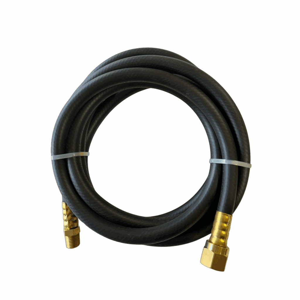 Coiled black hose with brass connectors at both ends.