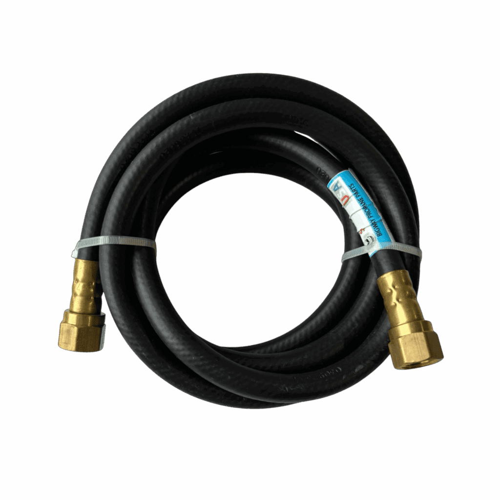 Black hose with brass fittings coiled neatly.