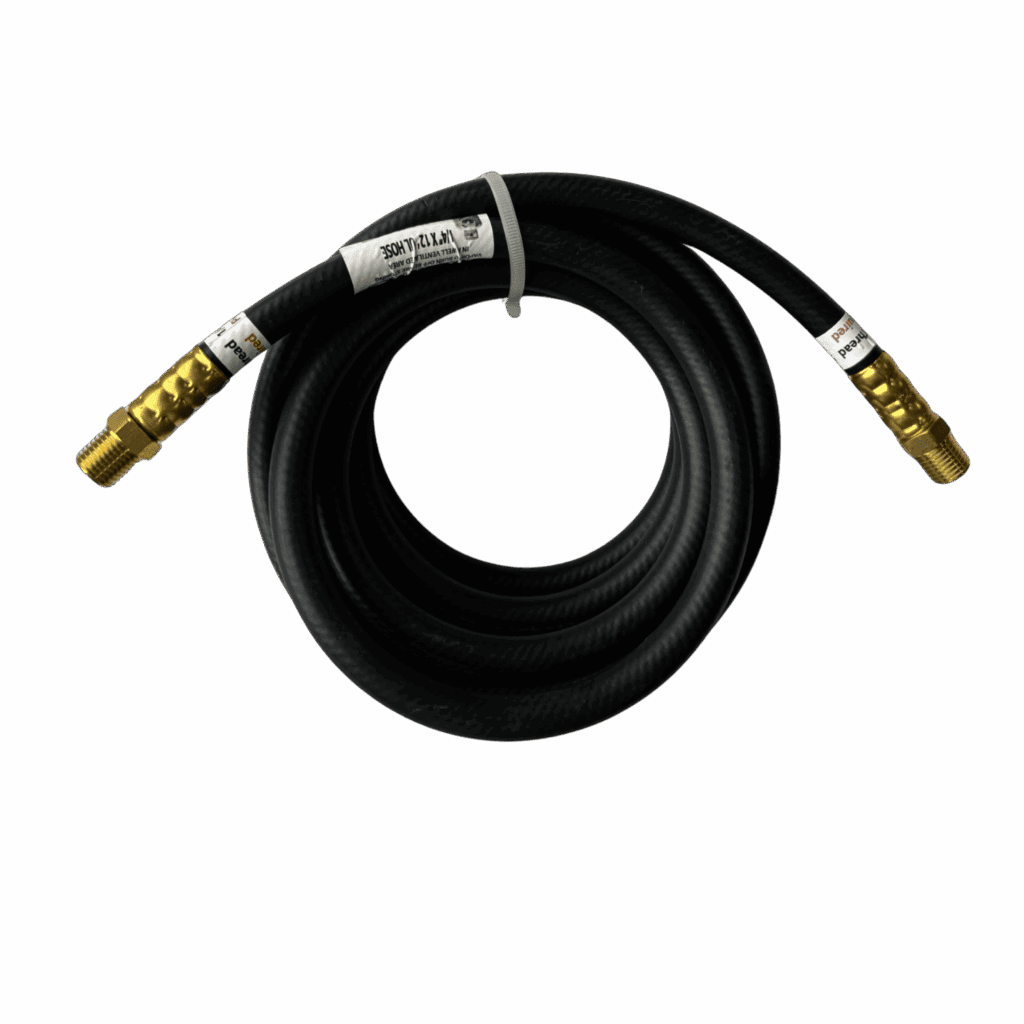 Coiled black hose with brass connectors on both ends.
