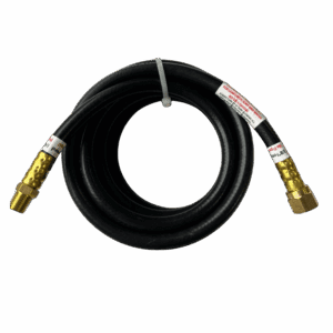 A coiled black hose with brass connectors on both ends.