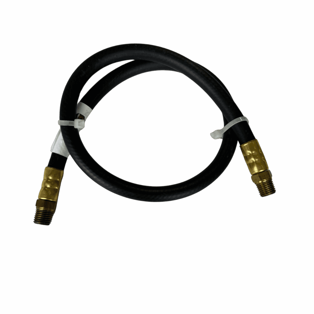 Black hydraulic hose with brass fittings on both ends.
