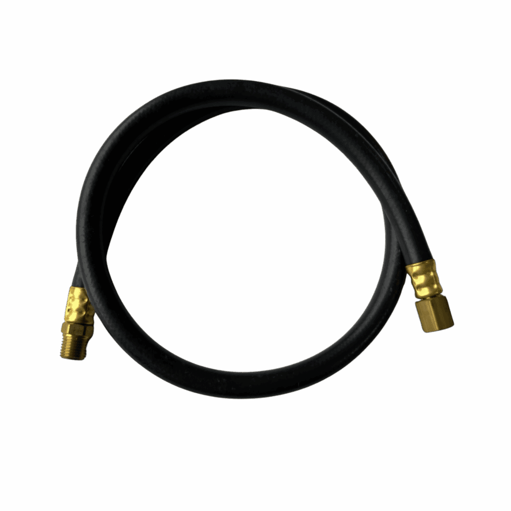 A black flexible hose with brass connectors at both ends.