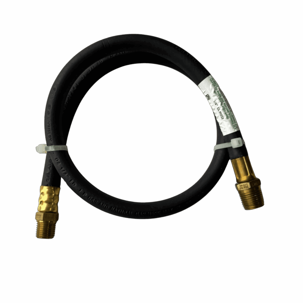 Black hydraulic hose with brass fittings on both ends.