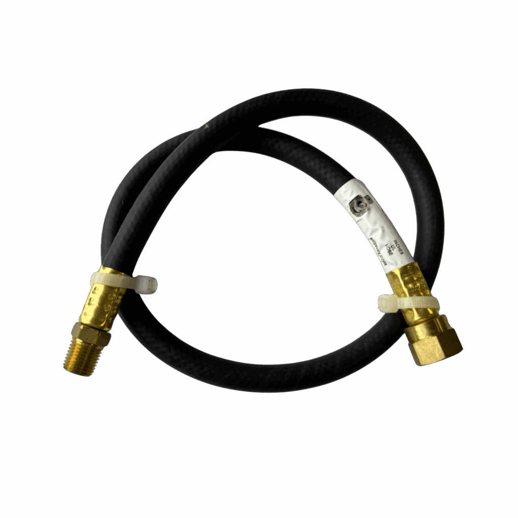 Black rubber hose with brass fittings on both ends.