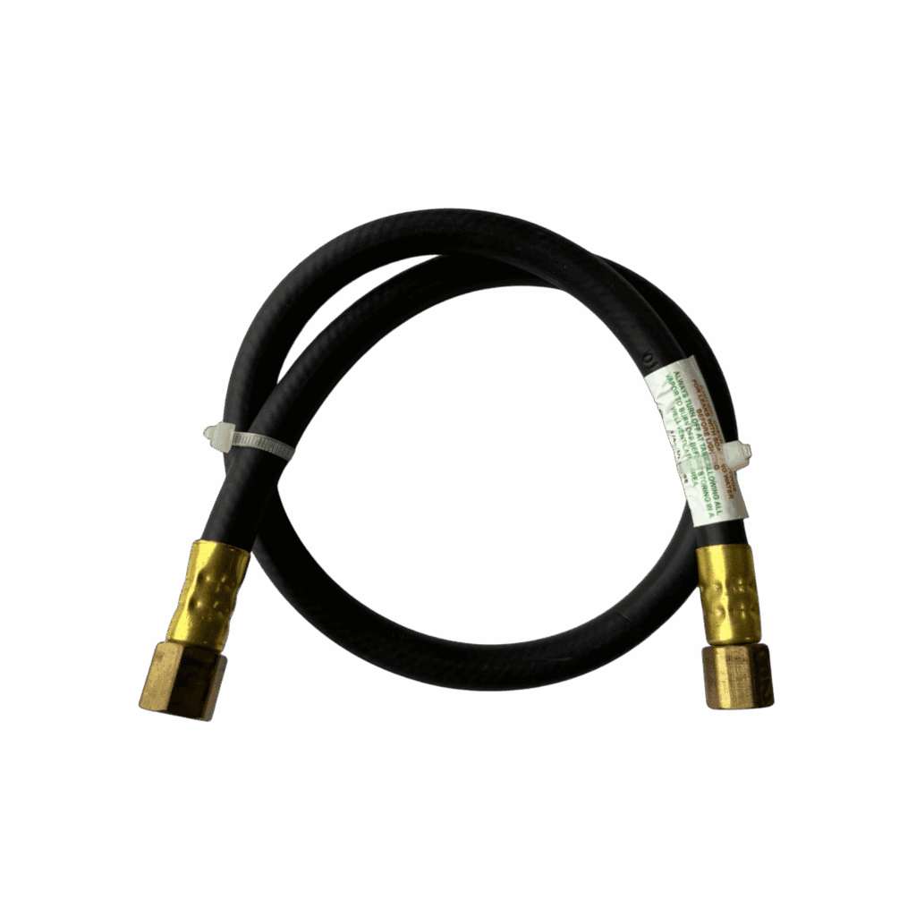 A black flexible hose with brass connectors on both ends.