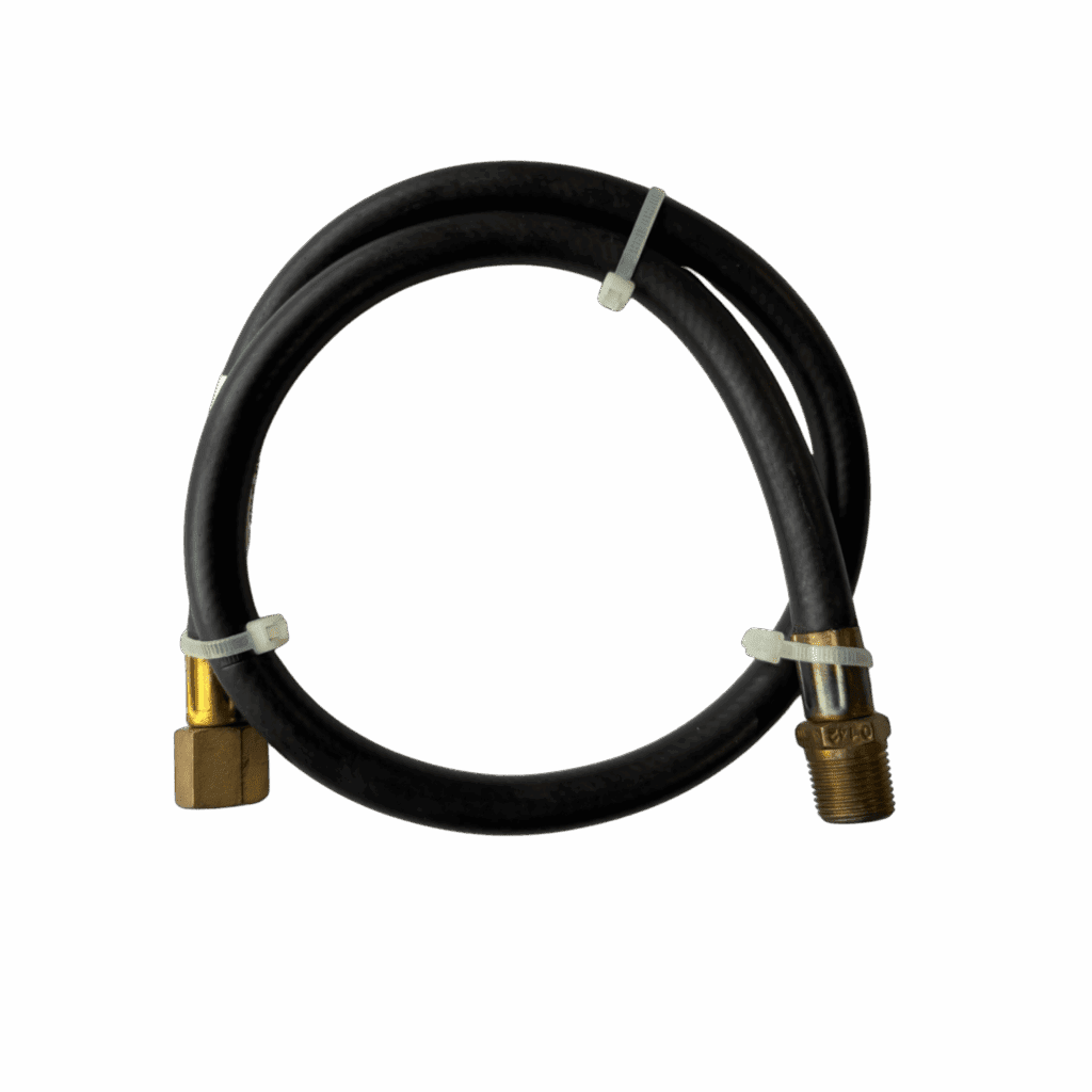 Flexible black hose with brass connectors on both ends.