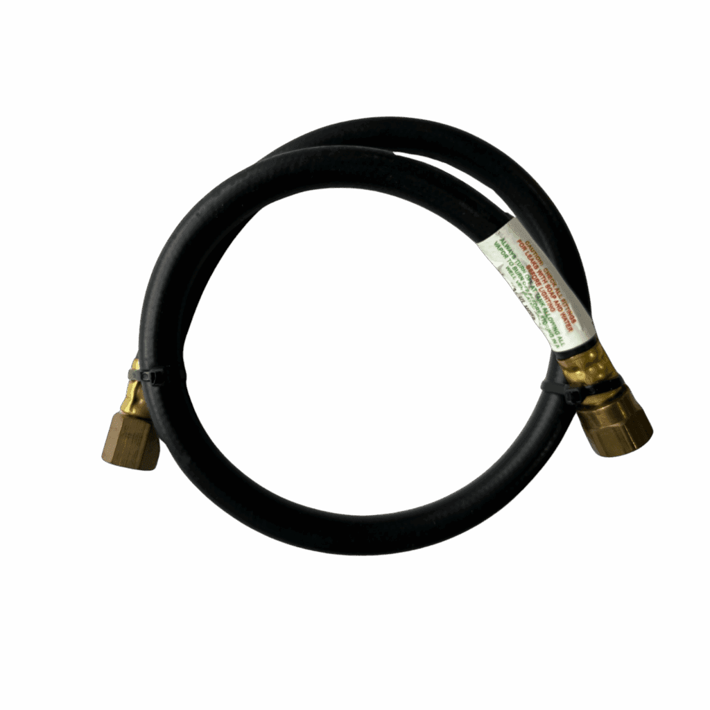 A coiled black hose with brass fittings at both ends.