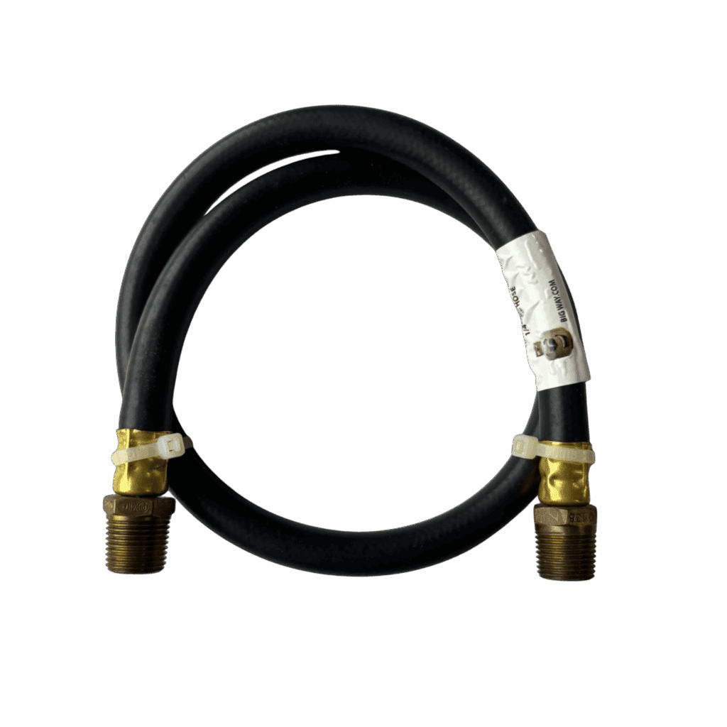 A flexible black hose with brass connectors on both ends.