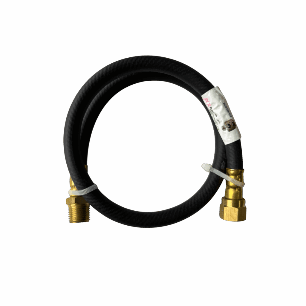 Flexible black hose with brass fittings on both ends.