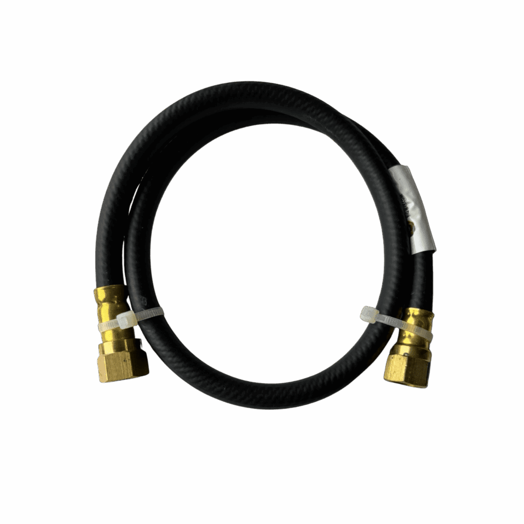 A coiled black hose with brass fittings on both ends.