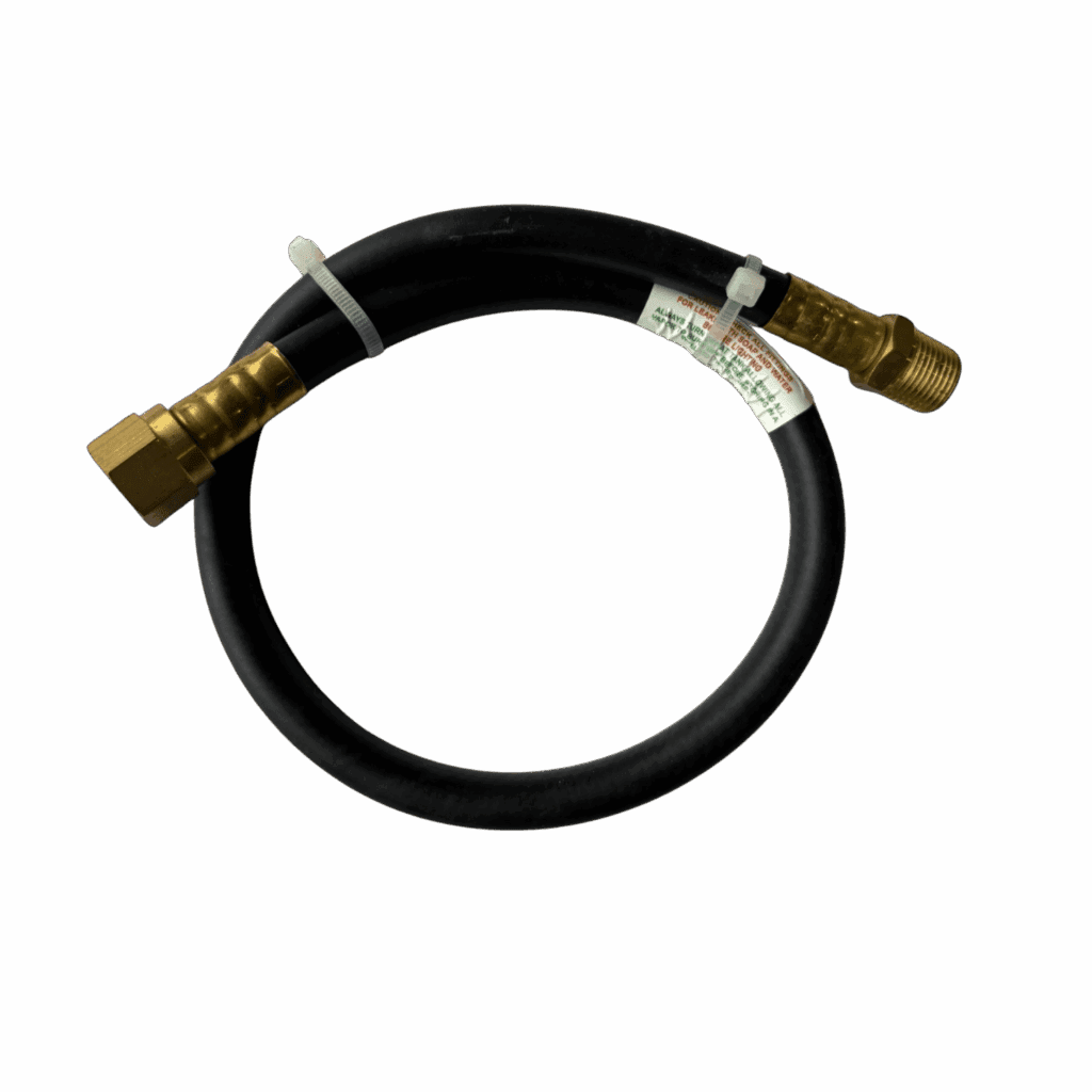 A black hose with brass fittings coiled neatly.