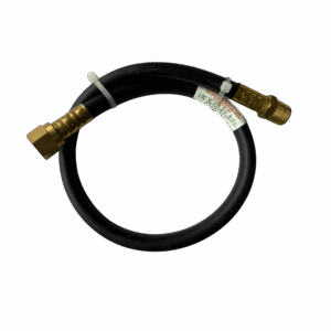 A black hose with brass fittings coiled neatly.