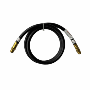 A coiled black audio cable with gold connectors on both ends.
